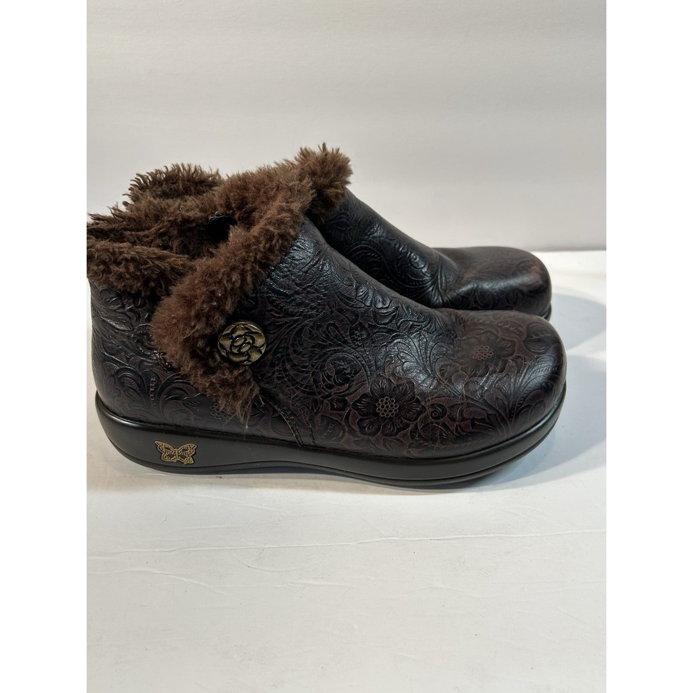 Alegria MER-422 Womens EU 39 US 8.5-9 Brown Floral Leather Faux Fur Ankle Boots